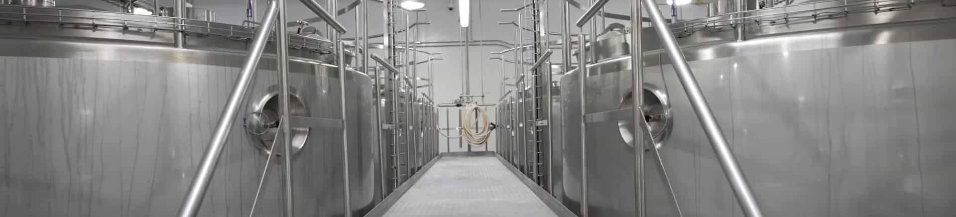 Inside a large milk manufacturing plant.